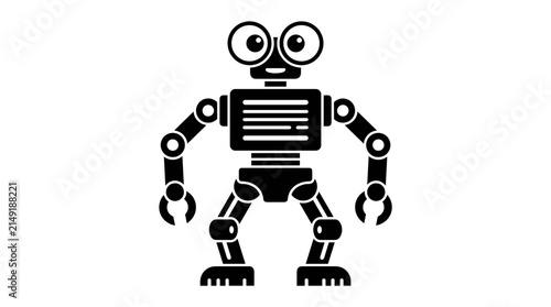 Black and white silhouette of a mechanical robot with big eyes and articulated limbs, futuristic character
