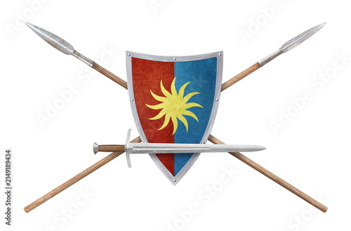 Konstfotografi sword shield and two lances isolated on white