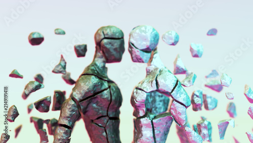 Experimental 3D Cracked Stone Humanoid Figures Facing Each Other with Floating Rocks