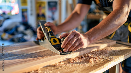 Carpenter's hands at golden hour gripping a hand plane over a rough hewn oak tabletop, a teenager's bedroom visible through a doorway in the background with authentic clutter of posters and discarde