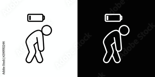 Low Battery Syndrome: A person hunched over with a low battery icon above their head, symbolizing exhaustion and depleted energy levels. A depiction of being drained and needing to recharge.