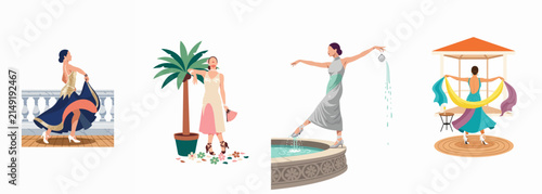Fotografie Elegant woman fashion illustration set featuring sophisticated female characters in long dresses posing on a balcony, by a palm tree, near a water fountain, and inside a garden gazebo rotunda