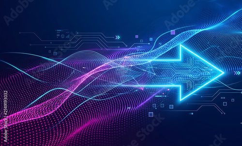 A sleek futuristic technology background featuring a glowing neon-blue digital arrow accelerating forward, symbolizing innovation, automation, speed, and digital transformation. Flowing wirefram