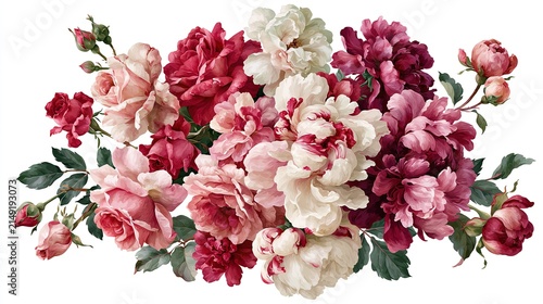 Vintage Floral Arrangement, Romantic Rose Bouquet, Elegant Peony Collection, Soft Pink and Burgundy Blooms, Botanical Decor Elements isolated on White Background