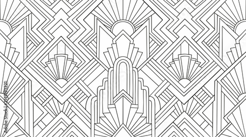 Art deco geometric pattern with sunburst motifs, black line art on white background, seamless repeating design element