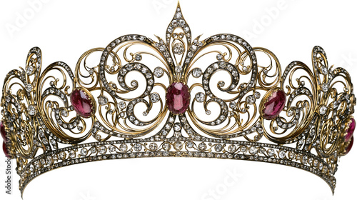 Fotografie Ornate gold tiara with diamonds and ruby gemstones