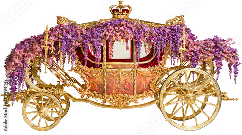 Canvastavla Ornate golden carriage adorned with purple and pink flowers and a crown