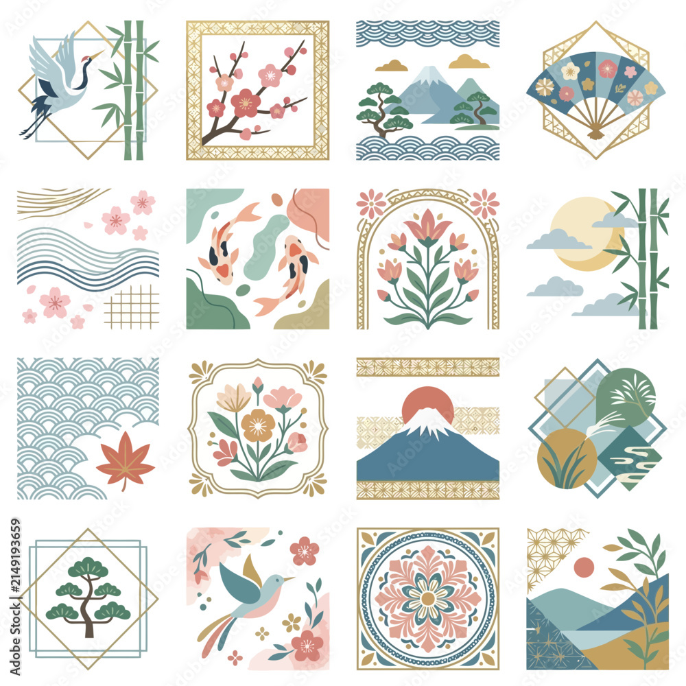 Fototapeta premium A comprehensive set of Japanese cultural and natural elements, such as a crane, cherry blossom, Mount Fuji, and koi fish, are depicted in a harmonious and decorative arrangement.