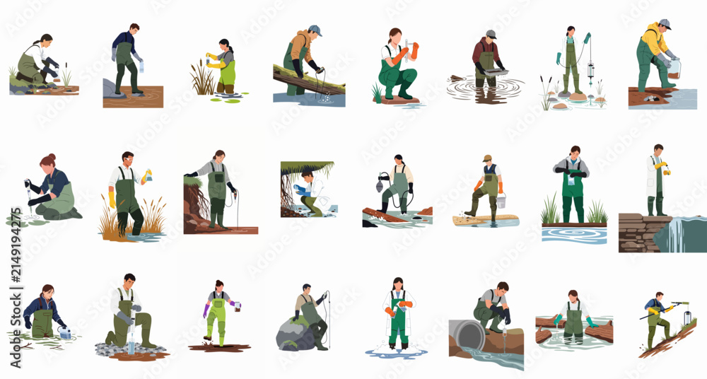 Fototapeta premium Collection of Environmental Scientists and Field Researchers in Waders Conducting Water Quality Tests and Aquatic Sampling, Ecologists Monitoring River Ecosystems Vector Illustration Set