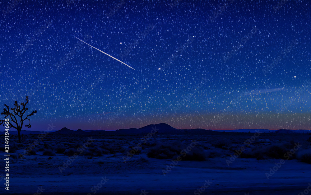 Naklejka premium A breathtaking view of a deep blue starry night sky with a visible shooting star streaking across. A silhouetted Joshua tree stands in the foreground on a desert landscape, with mountains on the