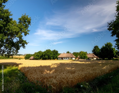 Serene rural landscape with ancient stone ruins under blue sky.