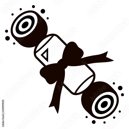 Christmas cracker icon with festive ribbon bow and sparkling elements black vector silhouette isolated on background.