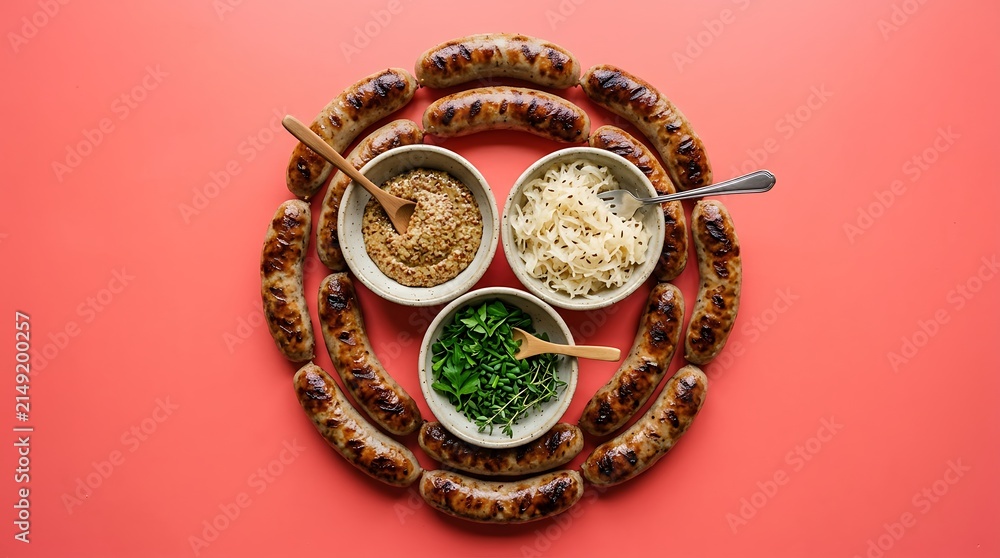 Naklejka premium grilled bratwurst sausages arranged in a circular composition around
