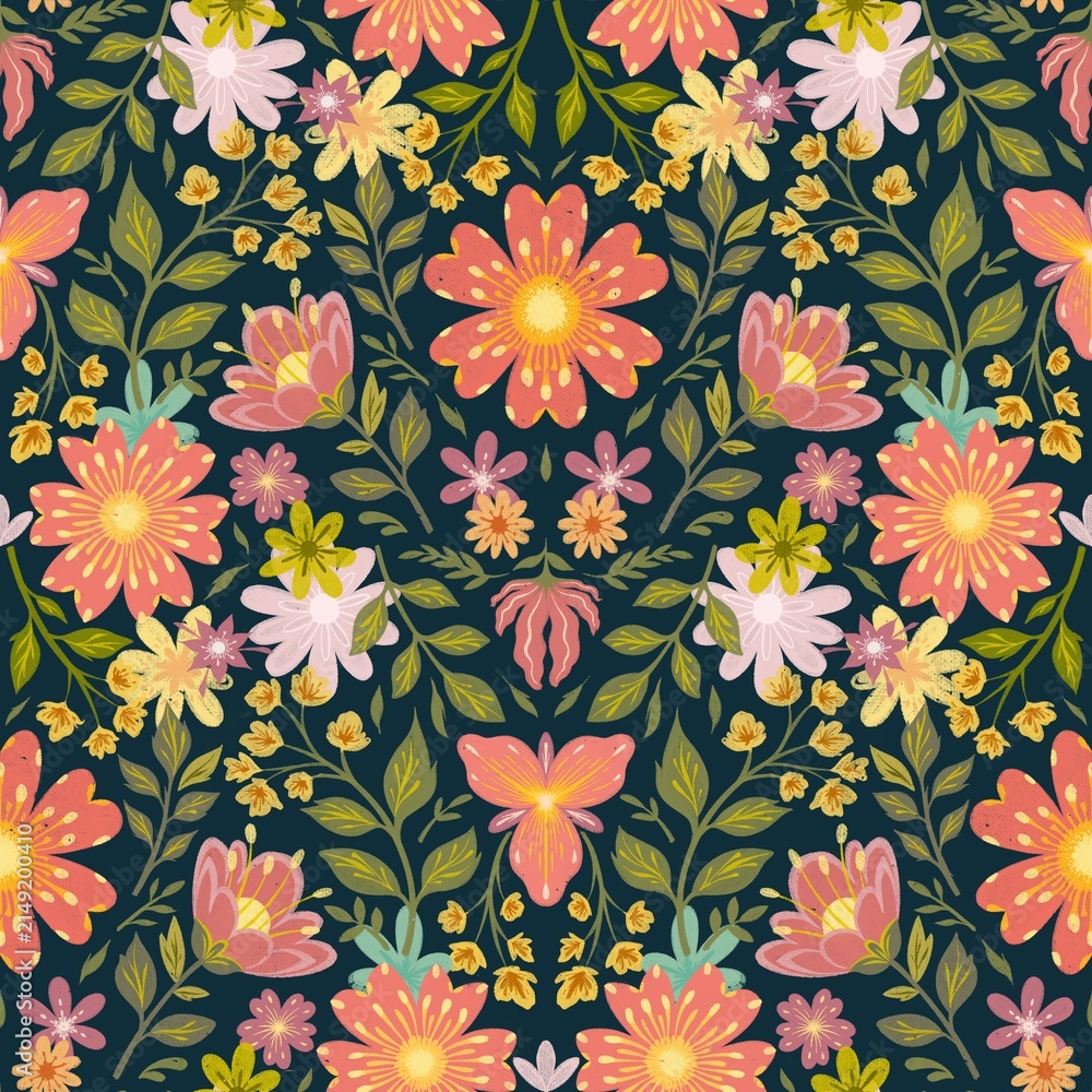 Fototapeta premium Decorative ornate Floral Botanical garden dark blue background seamless pattern illustration For fashion artwear, fabric, packaging, wall art and home decor 