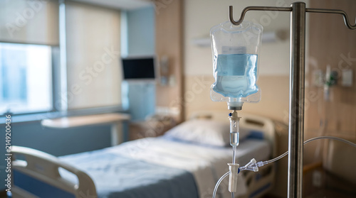 Medical infusion iv bag hanging on a stand in a hospital ward with hospital healthcare treatment medicine infusion recovery emergency clinical equipment solution