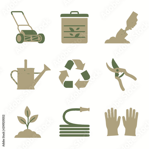 Set of gardening and yard maintenance icons in earth tones.