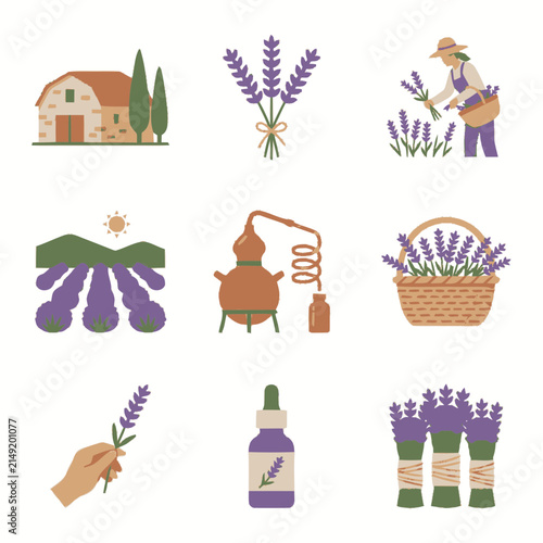 Set of flat vector lavender themed icons for agriculture and essential oil production.