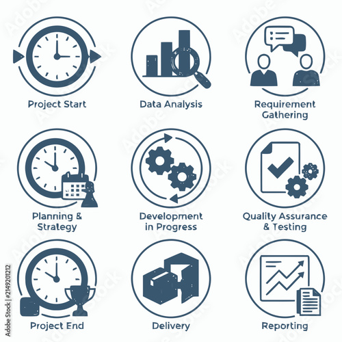 Set of project management and software development lifecycle icons.