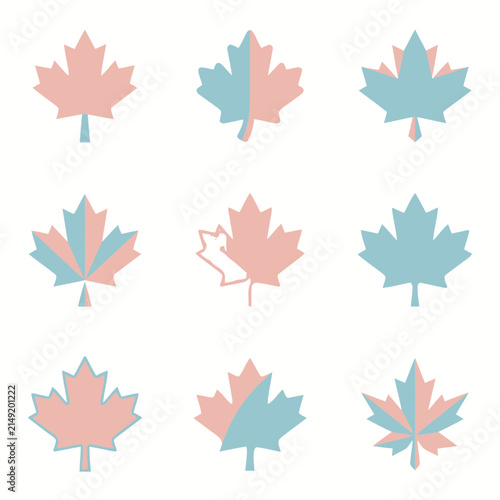 Collection of minimalist maple leaf icons in pastel colors.