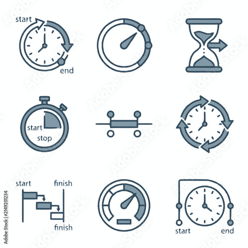 Set of time and management icons featuring clocks timers and process flow diagrams.