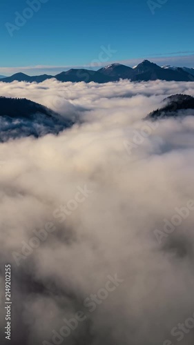Foggy Mountain Landscape Above the Clouds, Vertical View of Misty Nature 