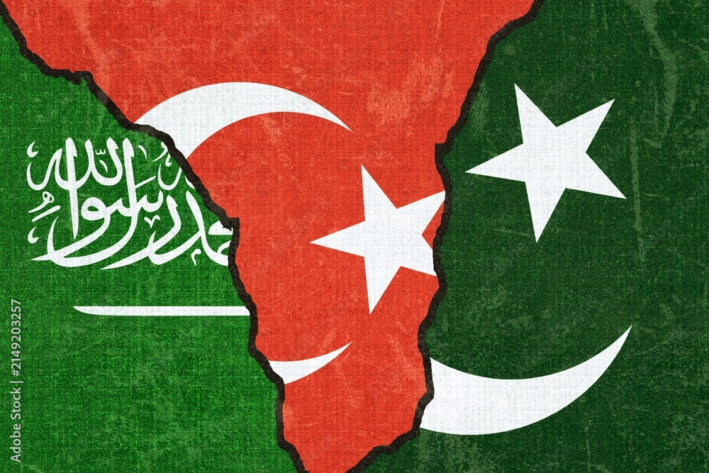 Obraz premium Saudi Arabia Turkey Pakistan Joint Defence Agreement During Middle East Conflict, Strategic Security Alliance, Regional Military Cooperation, Geopolitical Tensions Concept Illustration