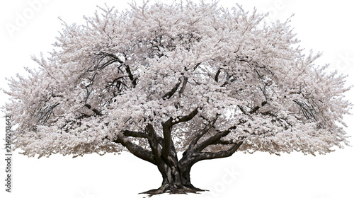 Foto Mature blooming cherry tree with white flowers and dark trunk