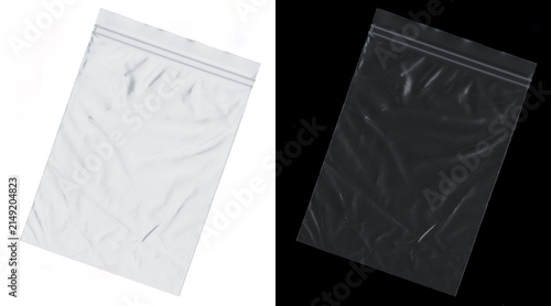 Foto Transparent plastic zipper bag mockup, clear polyethylene pouch on white and bla