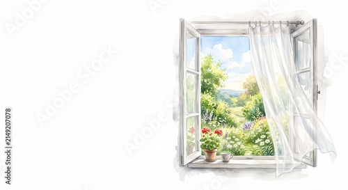 Open window with white curtains revealing a colorful garden view  
