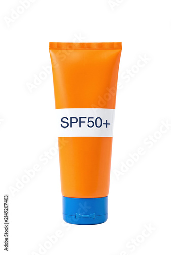 Orange sunscreen lotion tube with high sun protection factor isolated
