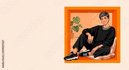 Young person sitting casually in a cozy indoor environment   