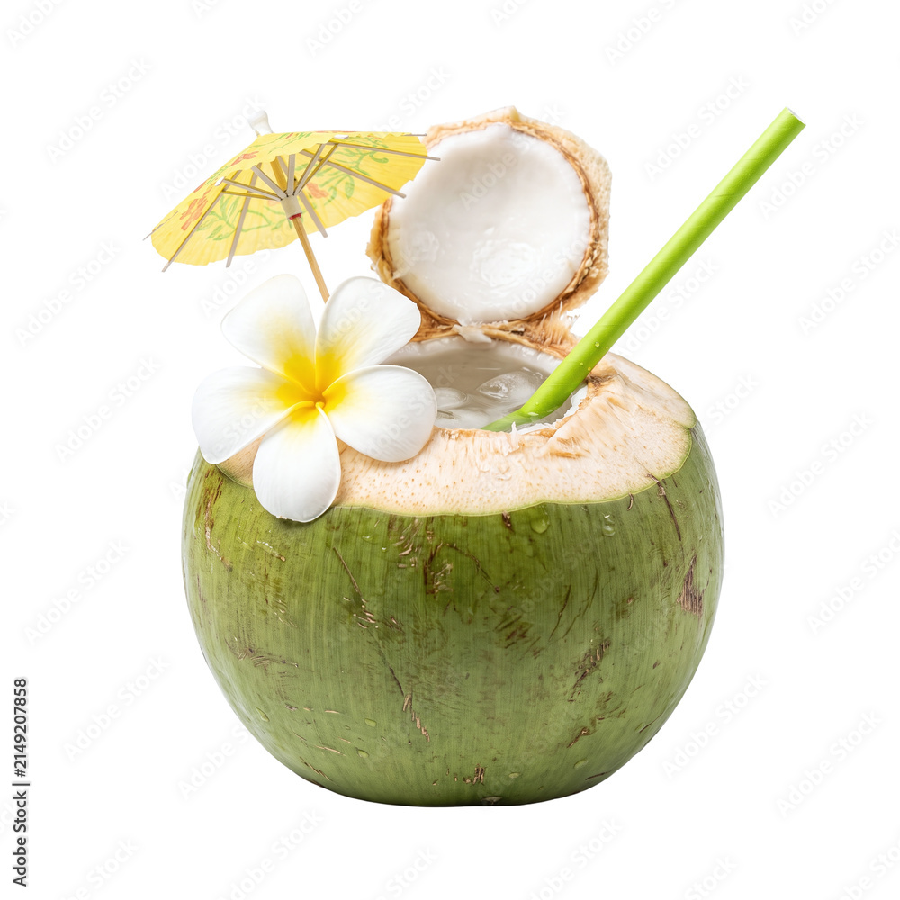 Obraz premium Open green coconut water with flower and umbrella