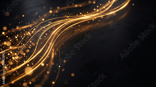 Abstract dark luxury background with glowing golden trend lines and copy space