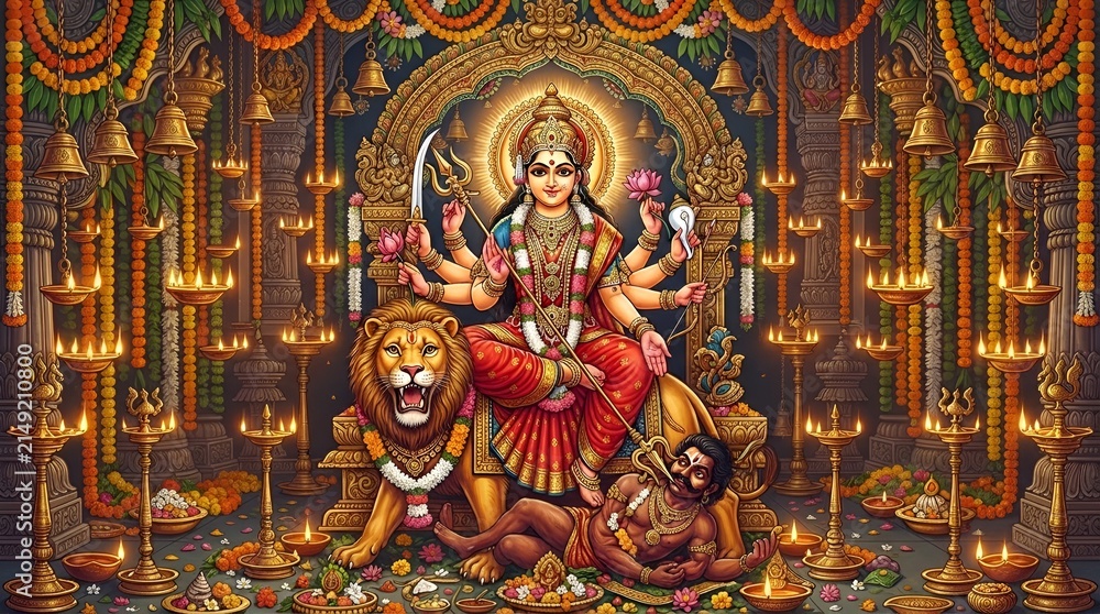 Fototapeta premium Goddess durga sitting on lion riding in ornate temple decor with traditional weapons and golden jewelry adornments for festive religious celebration of navratri and dussehra festival cultural worship