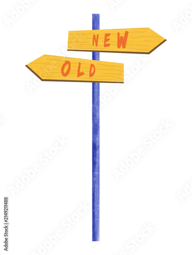 Playful hand drawn direction signpost with colorful wooden arrows labeled New and Old, isolated on transparent background. Useful for comparison, change, navigation and creative concepts.