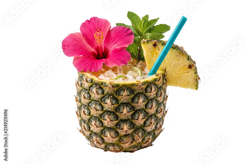 Tropical pineapple cocktail garnished with hibiscus flower and mint