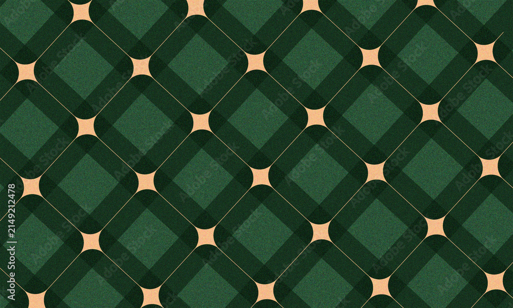 Obraz premium Christmas rhombus seamless pattern. Xmas plaid texture with gold line and stars. Green argyle geometric diamond abstract pattern. Christmas wrapping. Vector illustration isolated on green background.
