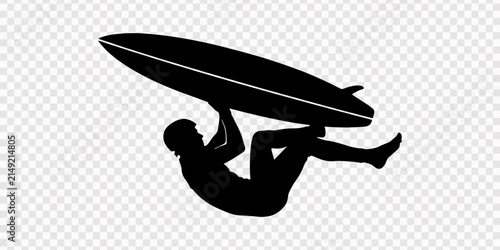 Silhouette of a surfer carrying a surfboard overhead, A silhouette of a person walks with a surfboard in hand. The image is on a white background. This figure is likely going to the beach, pro concept