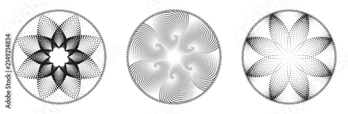 Abstract dotted halftone circular mandala set, geometric spiral flower and radial ornament vectors on white background.