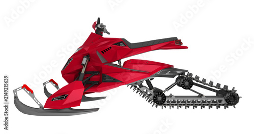Side profile view of a modern red snowmobile with visible suspension and track system, isolated 3d rendering.