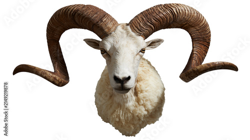 Bild auf Leinwand Ram head with large curved horns and fluffy wool