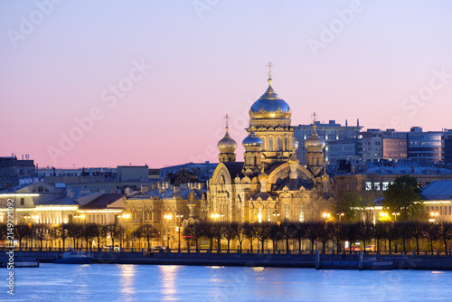 Church of the Assumption of the Blessed Virgin Mary on Lieutenant Schmidt Embankment in Saint Petersburg at Dusk