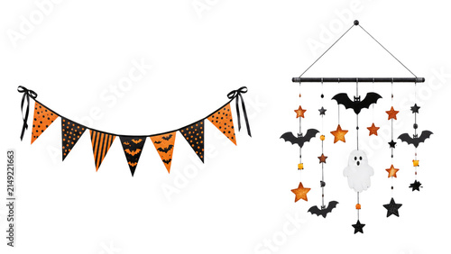 Halloween bunting and hanging mobile featuring black and orange pennants, bats, a white ghost and star ornaments - festive seasonal decorations for party or home