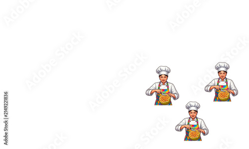 Chefs Preparing Pizza: Three chefs, wearing traditional chef hats and aprons, meticulously prepare pizzas, showcasing their culinary skills in a dynamic illustration.