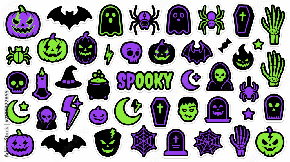 Obraz premium Spooky Halloween sticker set, neon purple and green vector icons, creepy cartoon patches for holiday party decor