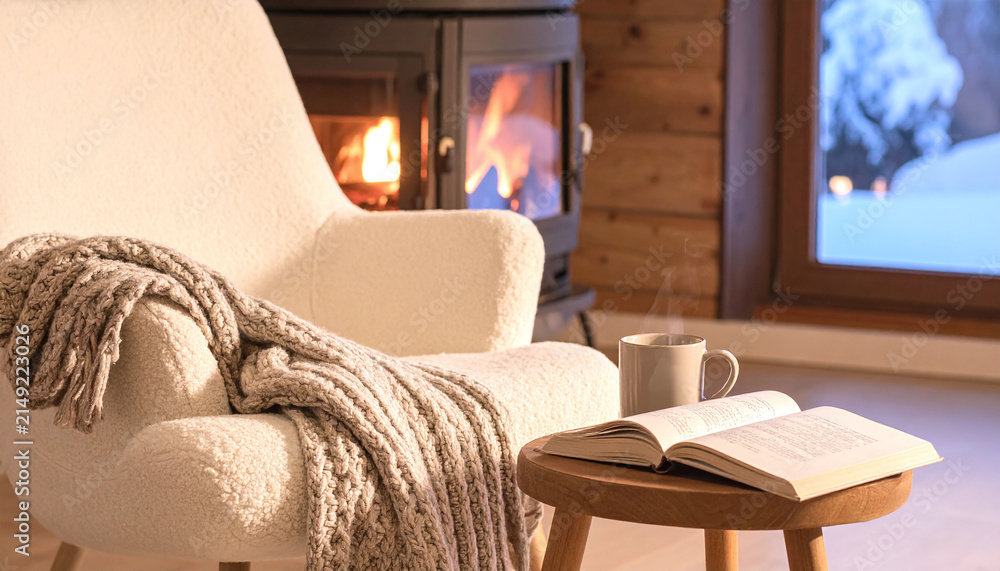 Obraz premium A cozy, inviting corner with a plush armchair, warm throw, steaming coffee, and an open book by a crackling fireplace. Winter vibes, serene retreat, no people, interior comfort for home living.