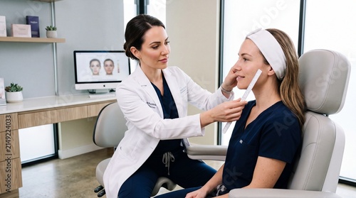 Cosmetic doctor consultation female patient professional clinic facial assessment beauty treatment modern office healthcare smiling medical uniform wellness adult women measuring tool