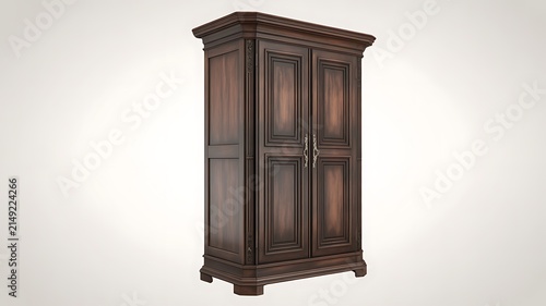 An old antique classic heavy dark brown wooden wardrobe closet cabinet furniture piece isolated on transparent background