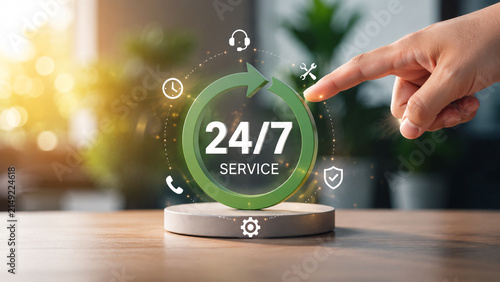 Hand touching glowing 24/7 service icon on round pedestal for non-stop customer support.