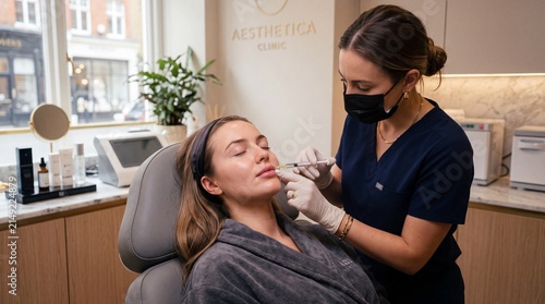 Lip filler procedure cosmetic injection woman beauty clinic professional aesthetic treatment relaxing skincare modern interior medical gloves facial enhancement confidence